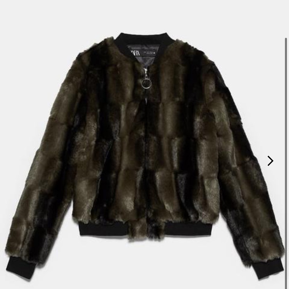 Zara Jacket & Coat | Zara green and black Faux Fur Bomber Jacket size Small